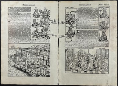 Schedel, pub. 1493 - 3 Pages of Buildings, People, Linneage, & Historic Events