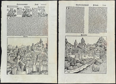 Schedel, pub. 1493 - Pair Pages of Views of Troy and Byzantium (Istanbul, Constantinople), Turkey