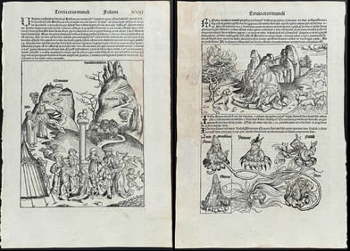 Schedel, pub. 1493 - 4 Pages of Biblical Scenes (Worship of the golden calf, Moses and the burning