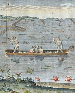 De Bry - Virginia - Their manner of fishing in Virginia (Rays, Turtles, Crabs, Sharks, Eels, Fish): This significant, historic engraving is from Theodor de Bry & Thomas Hariot's Admiranda narratio fida tamen, de commodis et incolarum ritibus Virginiae, ... Anglico scripta sermone a Thoma Hariot or H