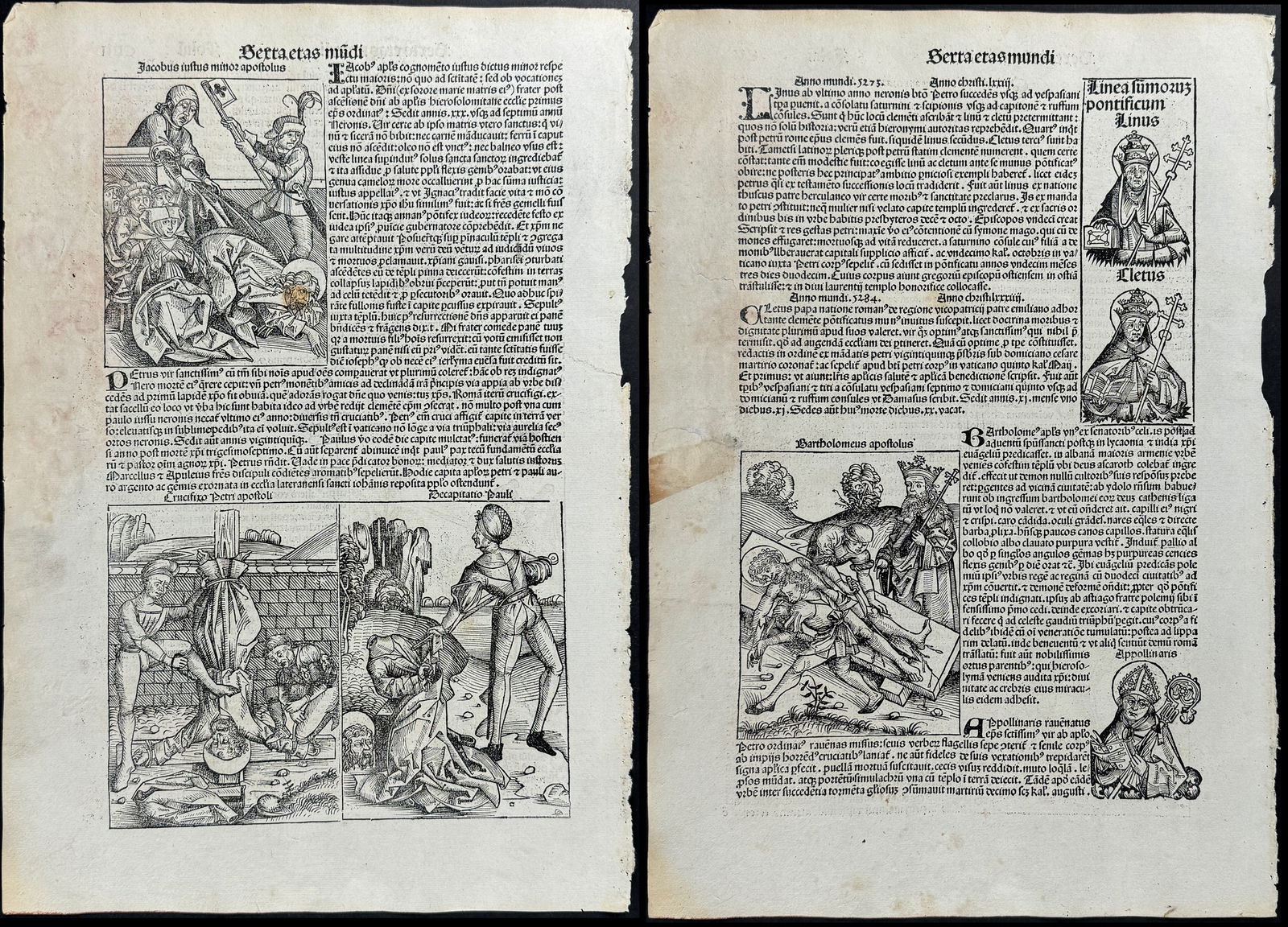 Schedel, pub. 1493 - Pair of Pages of the Persecution and Crucifixion of Apostles (1 of 5)