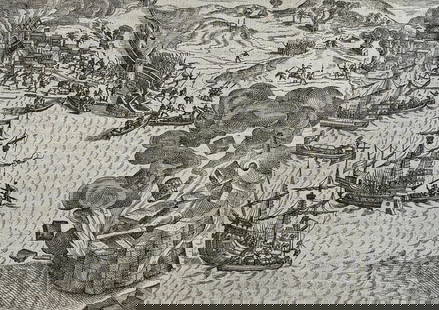 De Bry - Dutch Pirates attack las Palmas, 1599: This historic engraving is from Johann Theodor de Bry's America das ist Erfindung und Offenbahrung der Newen Welt deroselbigen. The work was published in Frankfurt by N. Hoffmann for the author in 161
