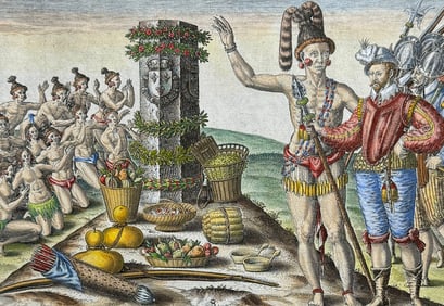De Bry - Florida - Native Americans worship at a column decorated with the French royal coat of arms