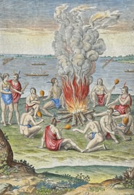 De Bry - Virginia - Their manner of praying with rattles around the fire