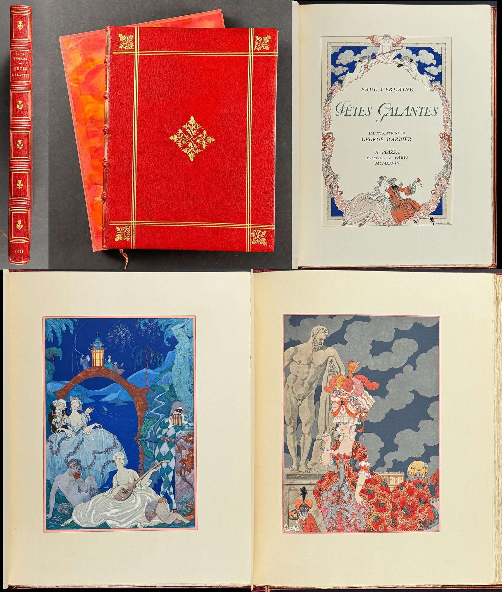 Barbier & Verlaine's Fetes Galantes - Volume with 23 Pochoir Illustrations: This stunning volume with 23 beautiful pochoir illustrations Paul Verlaine and George Barbier's Fetes Galantes. It was printed in 1928 and was part of a limited edition series of 1200, this being one
