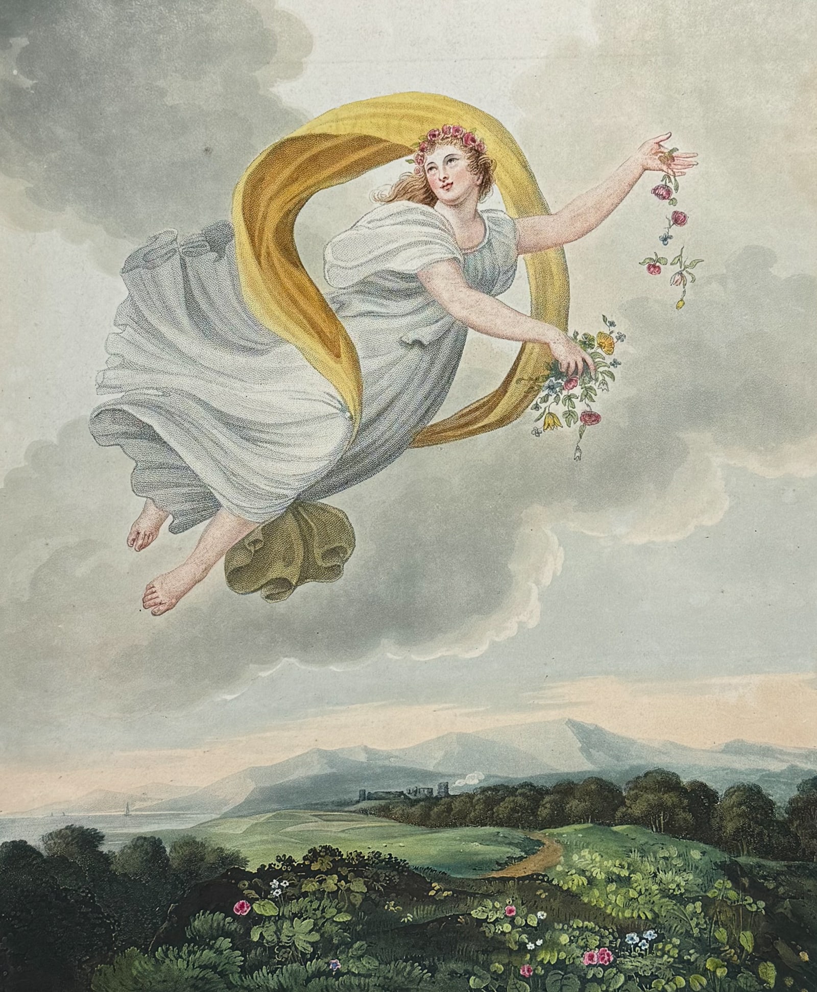 Thornton, Folio - Flora dispensing Her Favours on the Earth: This dramatic large folio botanical engraving is from Dr. Robert John Thornton?s work New Illustration of the Sexual System of Carolus Von Linnaeus...and the Temple of Flora, or Garden of Nature. This