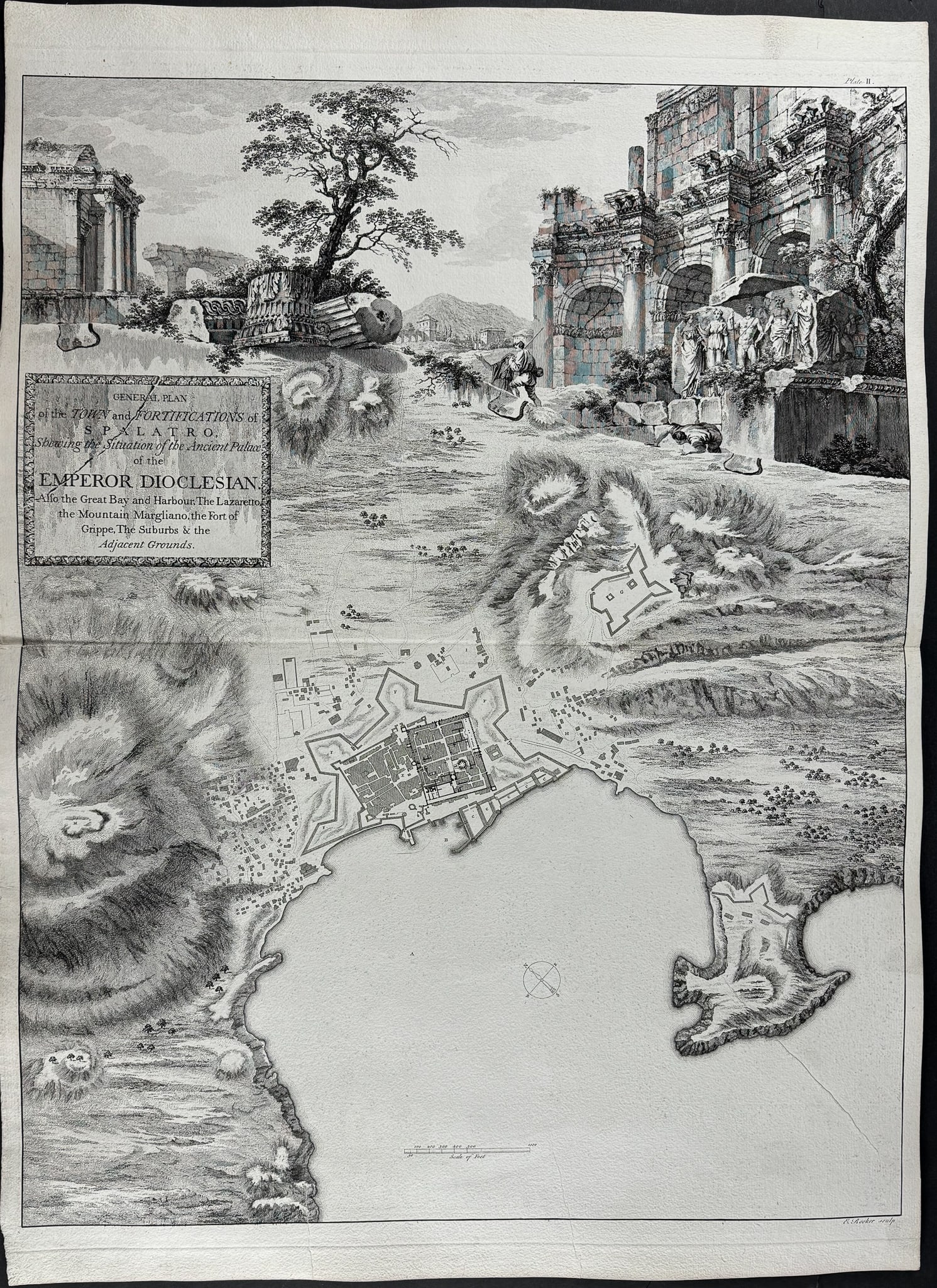 Adam - General Plan of the Town and Fortifications of Spaltro, Showing the Situation of the Ancient: This folio architectural engraving is from Robert Adam's Ruins of the Palace of the Emperor Diocletian at Spalatro in Dalmatia. The work was published in London for the author in 1764. Adam's work was