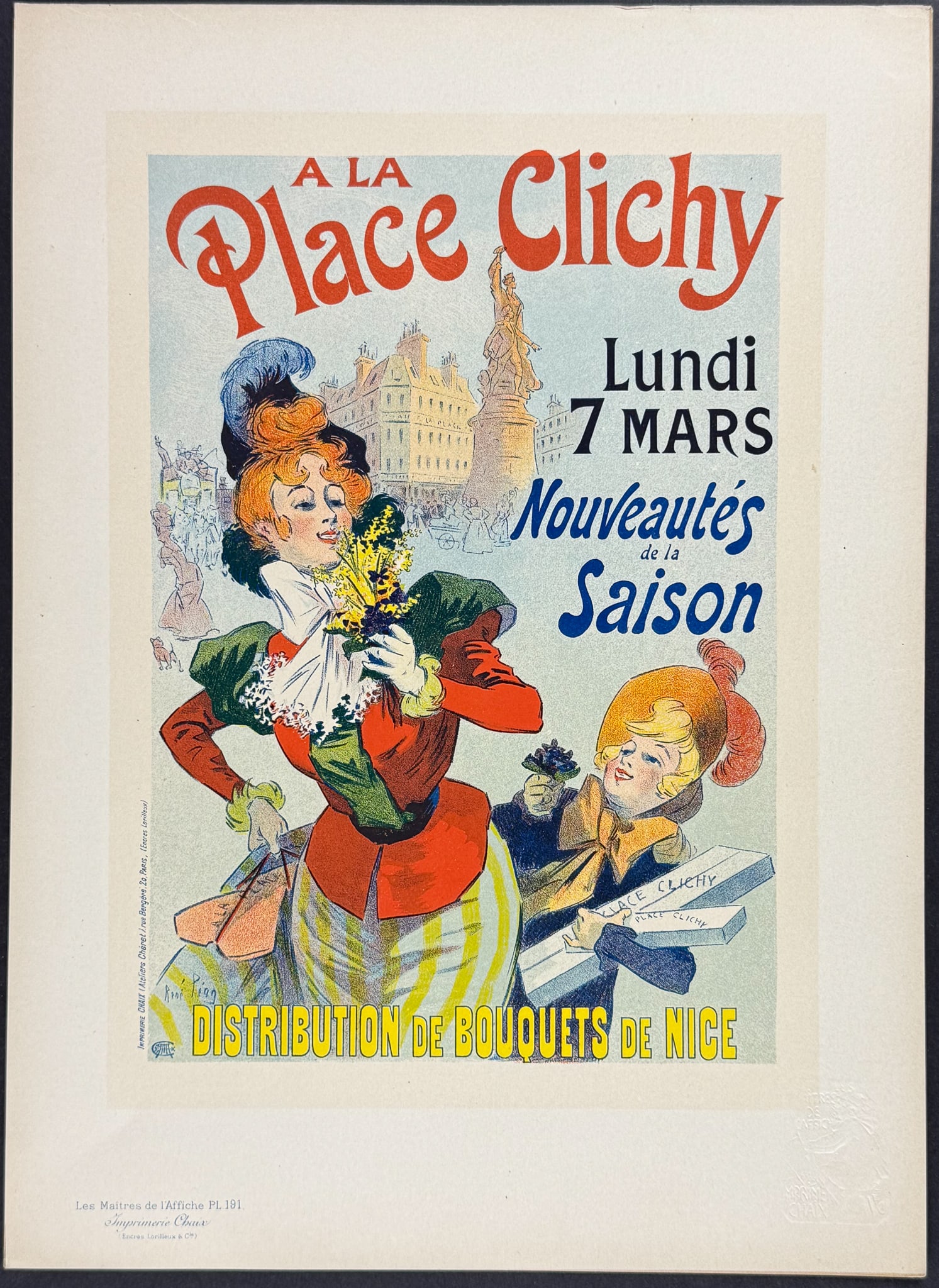 Maitres Affiches by Pean - A La Place Clichy. 191: This first edition, folio lithograph after a poster is from Les Maitres de l'Affiche. The work was published by Imprimerie Chaix under the direction of Jules Cheret in Paris between 1896 and 1900. The