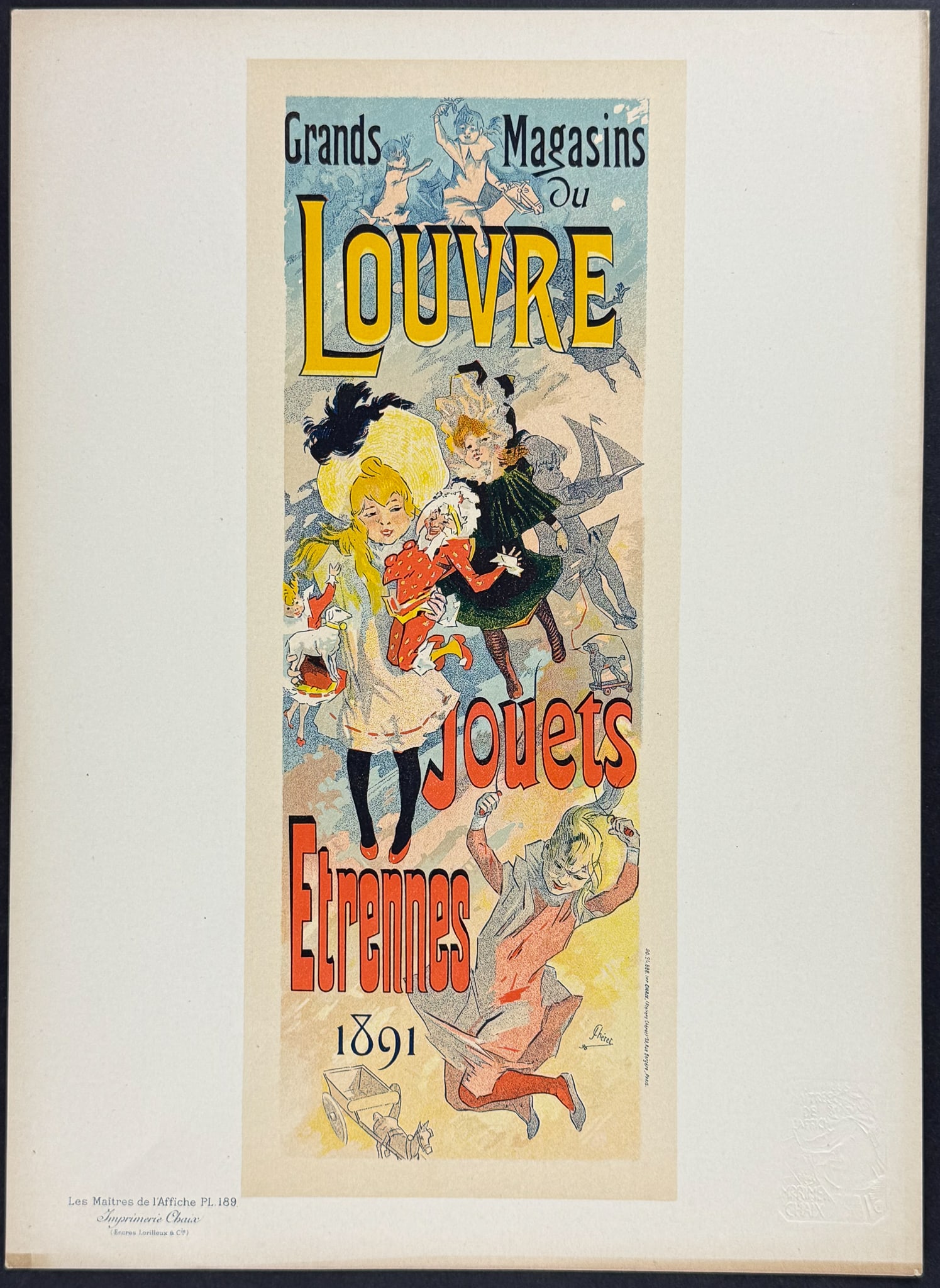 Maitres Affiches by Cheret - Magasin du Louvre. 189: This first edition, folio lithograph after a poster is from Les Maitres de l'Affiche. The work was published by Imprimerie Chaix under the direction of Jules Cheret in Paris between 1896 and 1900. The