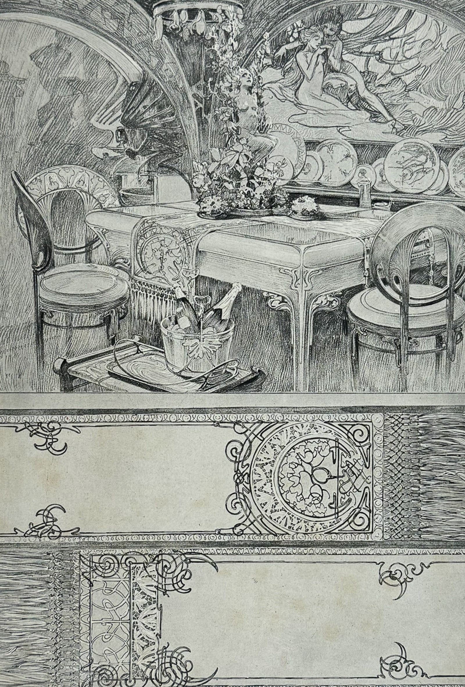 Mucha, Folio - Dining Room Design or D?cor. 72: This stunning and rare lithograph is from Alphonse Mucha's Documents d?coratifs. The work was published in Paris by Librairie Centrale des Beaux-Arts in 1902 and edited by Emile Levy. The work was an