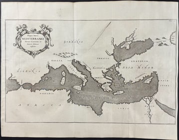 Kircher, pub. 1682 - Map of Mediterranean Sea with Subterranean Markings