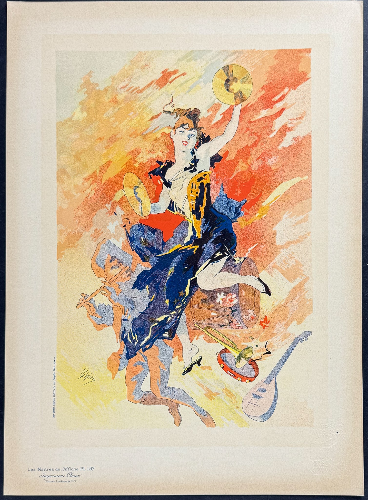 Maitres Affiches by Cheret - La Musique. 197: This first edition, folio lithograph after a poster is from Les Maitres de l'Affiche. The work was published by Imprimerie Chaix under the direction of Jules Cheret in Paris between 1896 and 1900. The