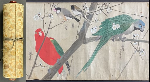 Momodori Scroll over 38 Feet Long in Gouache Color with 29 Bird Illustrations