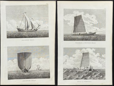 La Perouse - 4 Engravings of Boats & Canoes from China, Formosa, Alaska, Easter Island, & Japan