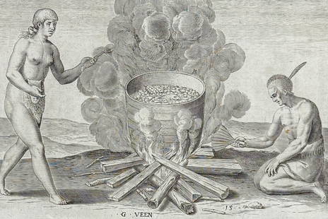De Bry - Virginia - The boiling of their food in earthen pots: This significant, historic engraving is from Theodor de Bry & Thomas Hariot's Admiranda narratio fida tamen, de commodis et incolarum ritibus Virginiae, ... Anglico scripta sermone a Thoma Hariot or H