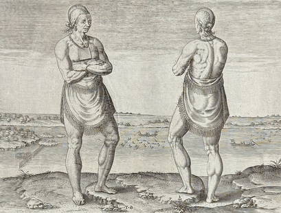 De Bry - Virginia - A chief lord of Roanoke: This significant, historic engraving is from Theodor de Bry & Thomas Hariot's Admiranda narratio fida tamen, de commodis et incolarum ritibus Virginiae, ... Anglico scripta sermone a Thoma Hariot or H