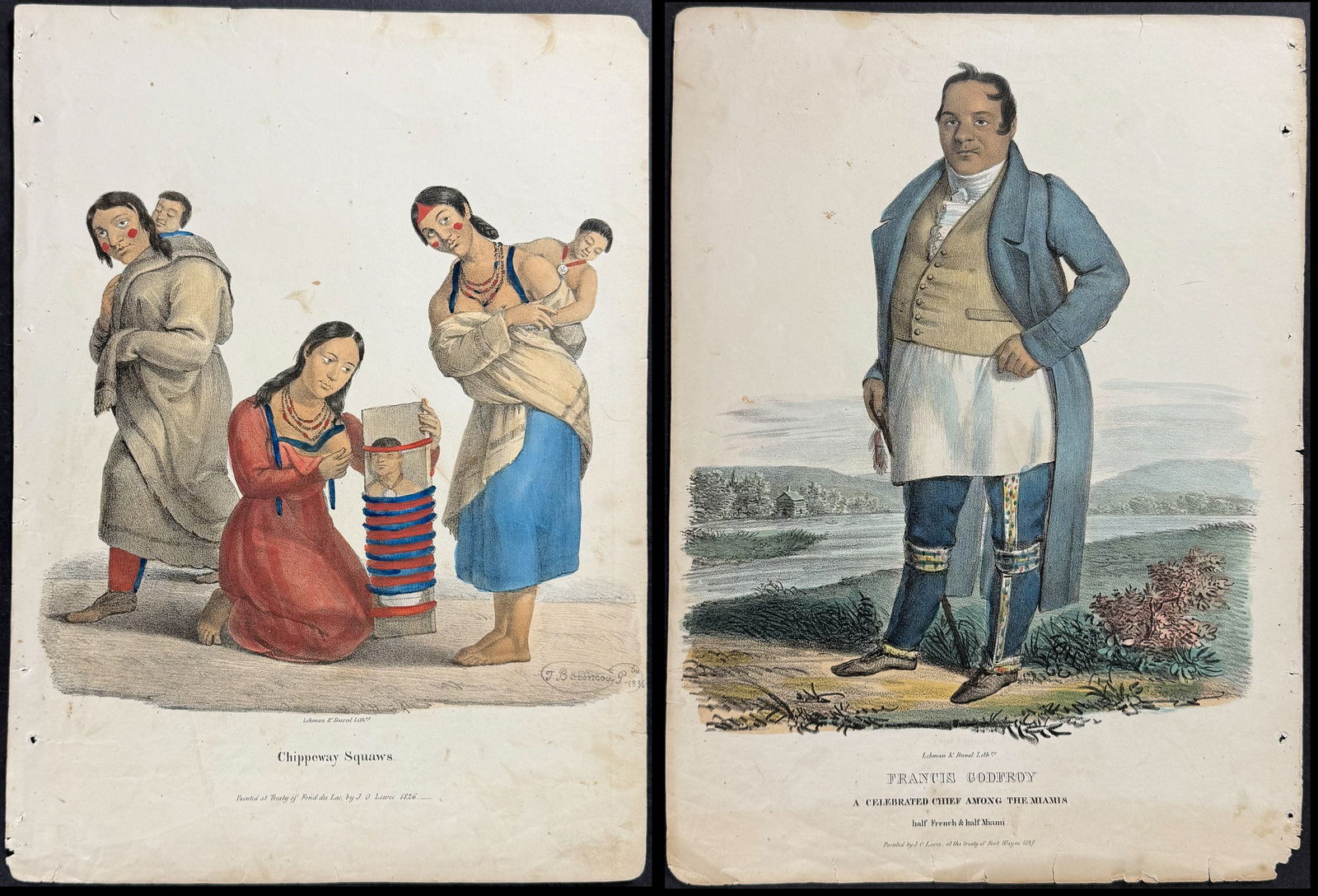 Lewis - 10 Native American Lithographs: Incluced in this lot: Mi-A-Qu-A, A Miami Chief Francis Godfroy, A Celebrated Chief among the Miamis, half French & half Miami Chippeway Squaws A Celebrated Ottawa Chief Pe-Schick-Ee, A Celebrated Chip