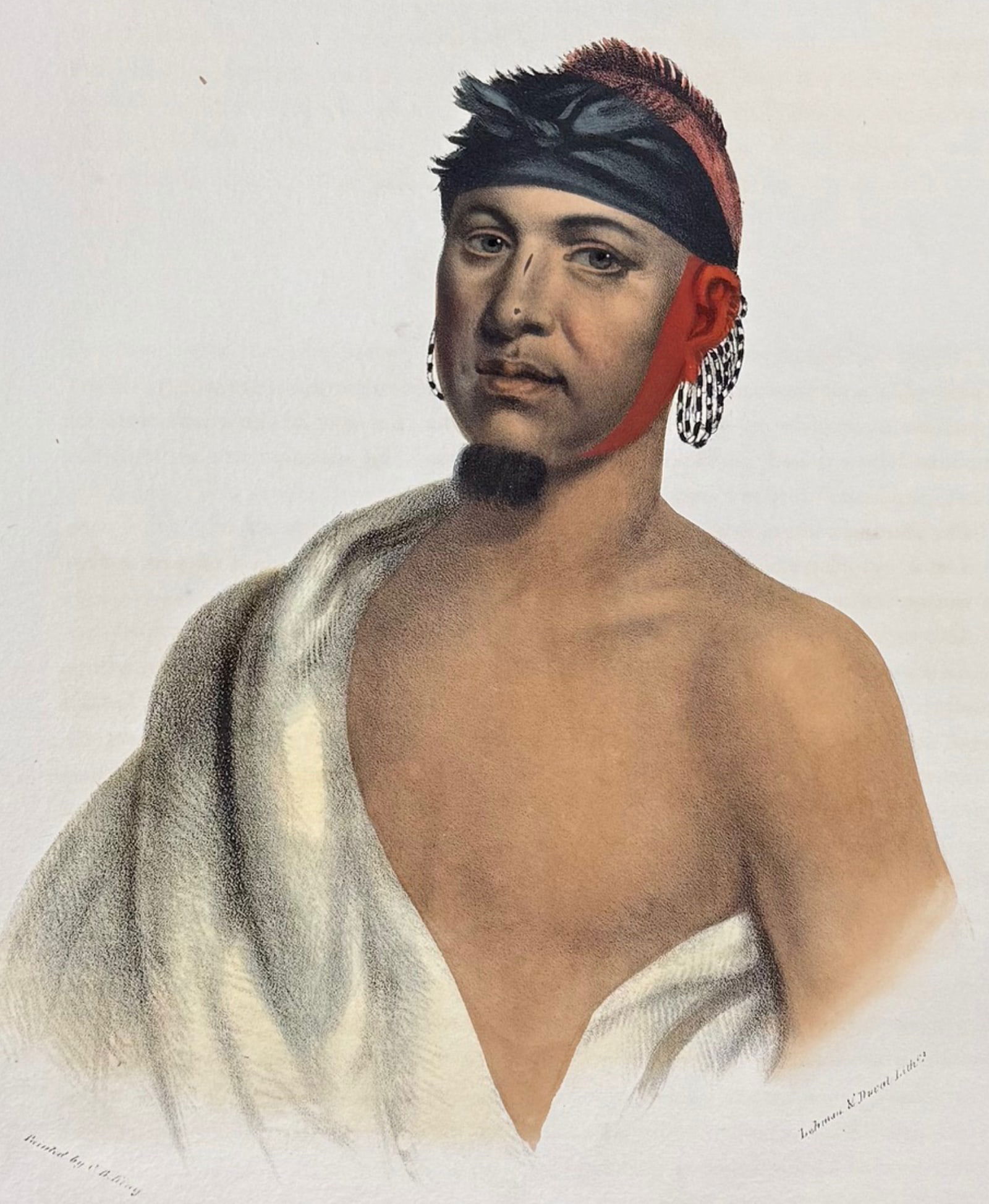 McKenney & Hall, Folio - Peah-Mas-Ka, A Musquawkee Chief: This historic folio, Native American lithograph is from Thomas L. McKenney & James Hall?s History of the Indian Tribes of North America. The work was published in Philadelphia by Daniel Rice and James