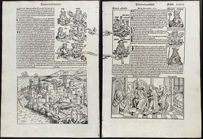 Schedel, pub. 1493 - Pair of Pages depicting Christ's Lineage with Views of Rhodes and Athens,