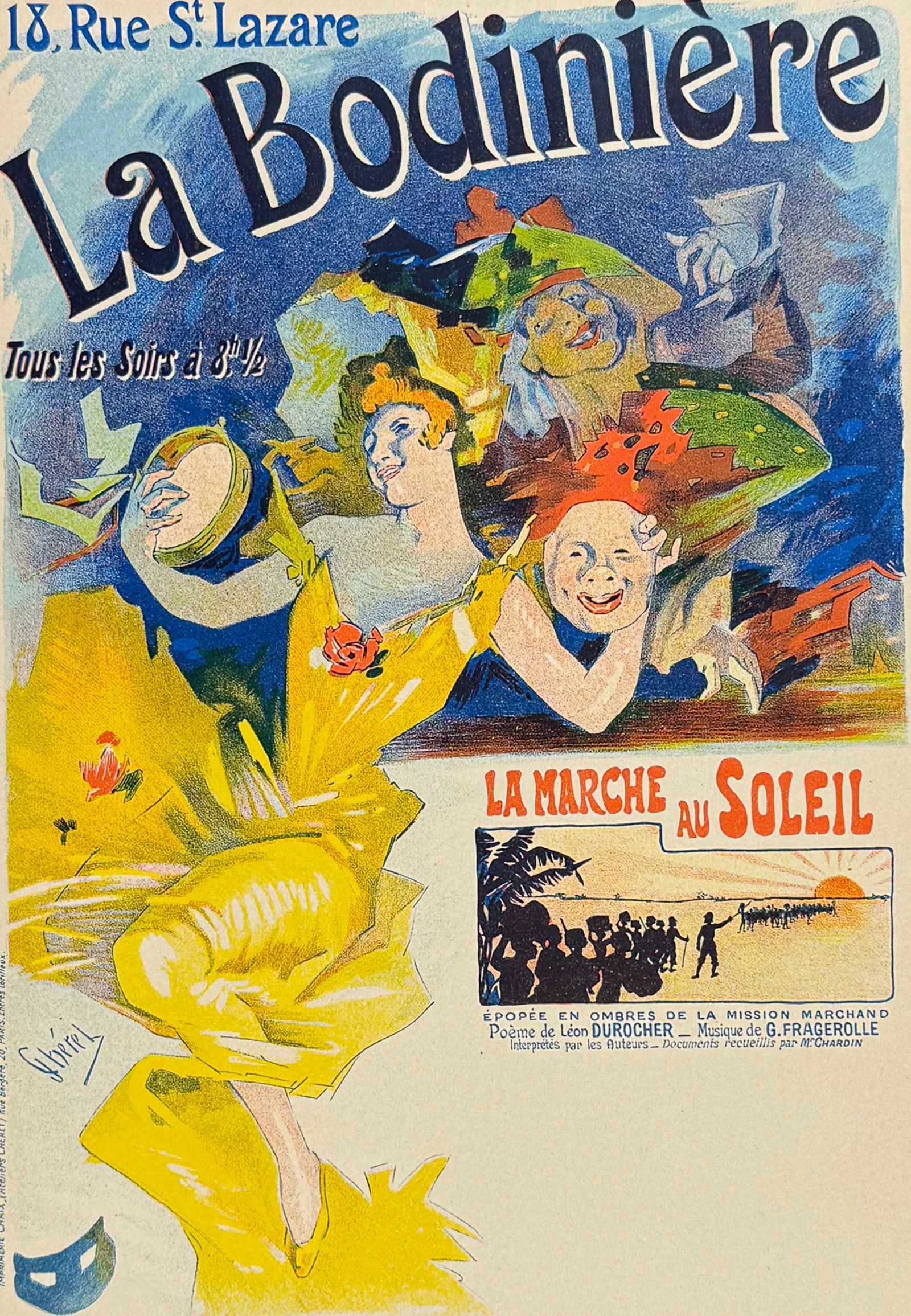 Maitres Affiches by Cheret - La Bodiniere: This first edition, folio lithograph after a poster is from Les Maitres de l'Affiche. The work was published by Imprimerie Chaix under the direction of Jules Cheret in Paris between 1896 and 1900. The