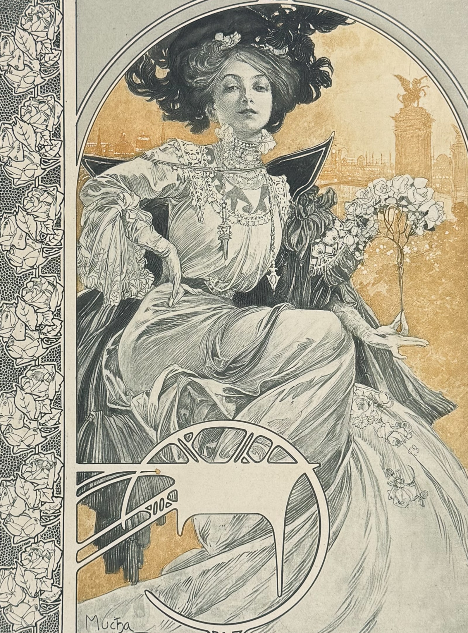 Mucha, Folio - Illustration of Woman with Flowers. 1: This stunning and rare lithograph is from Alphonse Mucha's Documents d?coratifs. The work was published in Paris by Librairie Centrale des Beaux-Arts in 1902 and edited by Emile Levy. The work was an
