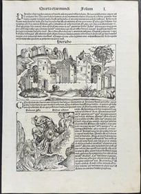 Schedel, pub. 1493 - View of Jericho, Palestine, Holy Land & Elijah rising in a Chariot of Fire /