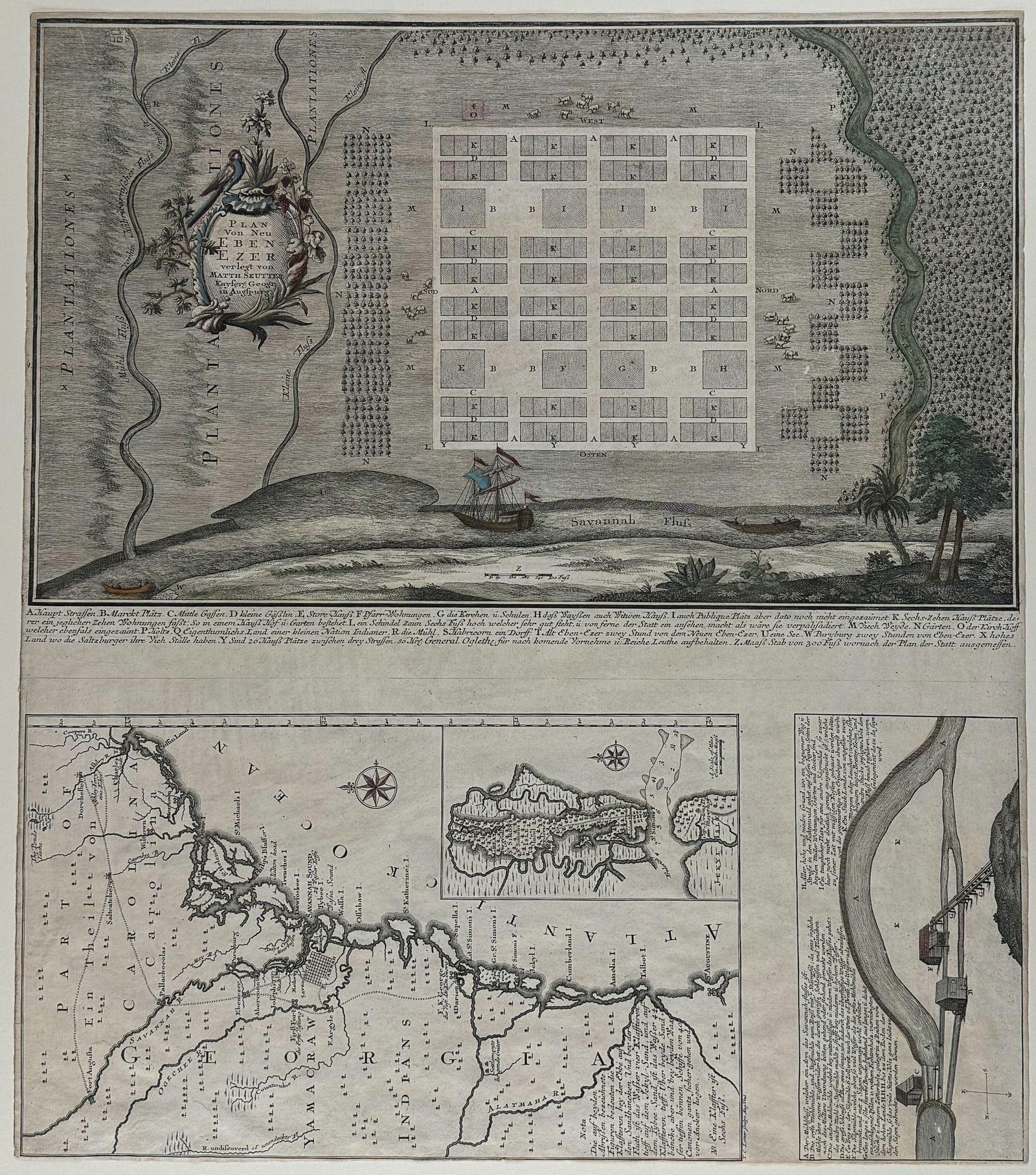 Seutter - First Map to Focus on Georgia - Map of Georgia, Savannah, and the Ebenezar Settlement (1 of 2)