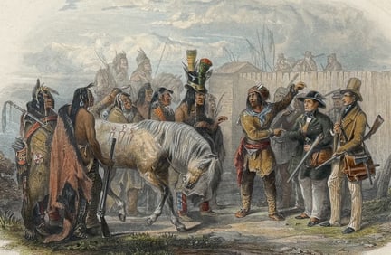 Karl Bodmer - The Travellers Meeting with Minatarre Indians near Fort Clark (Bodmer is shown in the