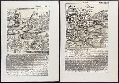 Schedel, pub. 1493 - Pair of Pages of Engravings of French or German Towns