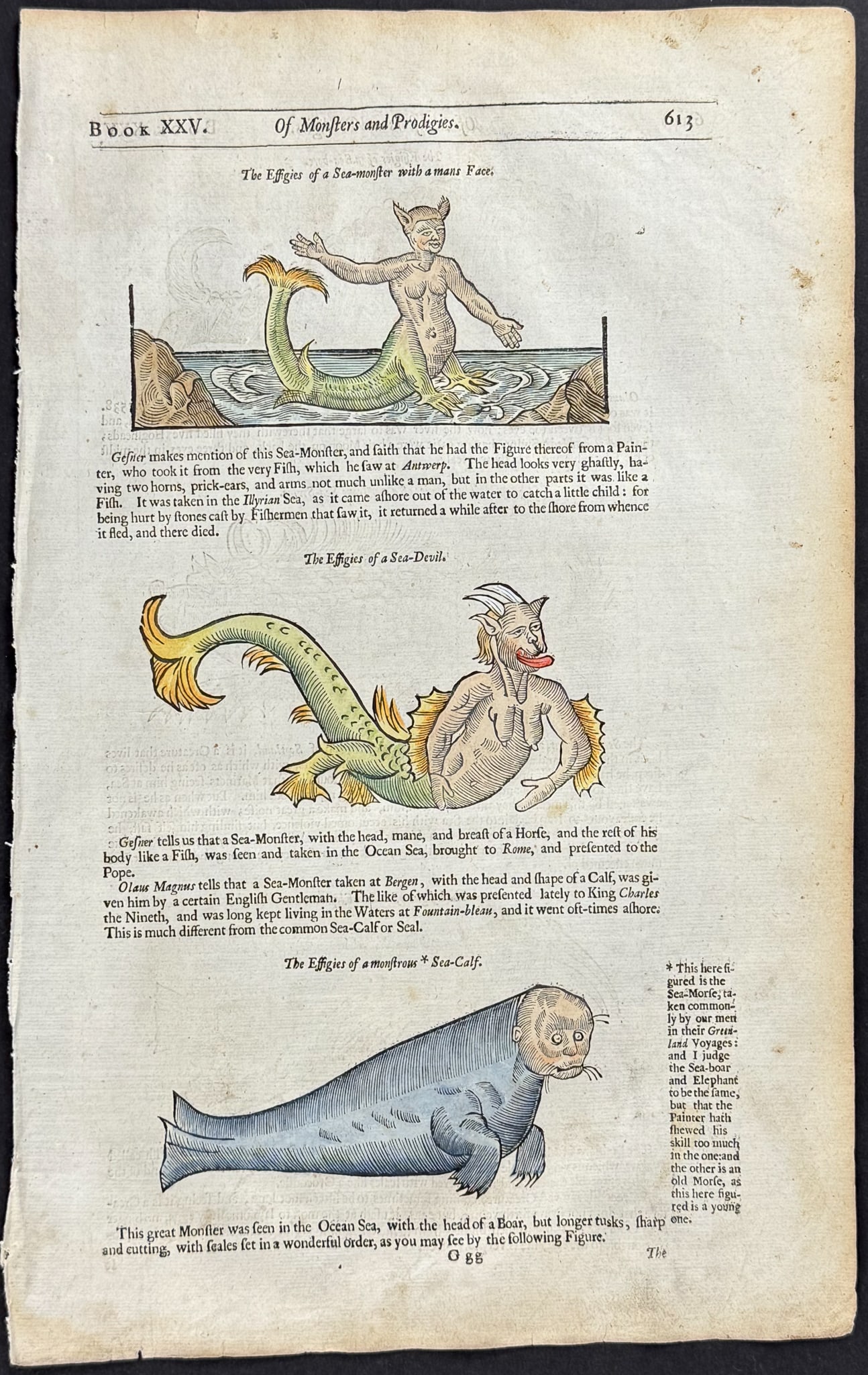 Pare, pub. 1664 - Mermaid or Mermen, Man-faced Seal: This historic engraving is from Ambroise Pare's Les OEuvres... This is from the twelfth edition, revised and corrected, and was published in Lyon by Pierre Riguad et Antoine Jullieron in 1664. The edi