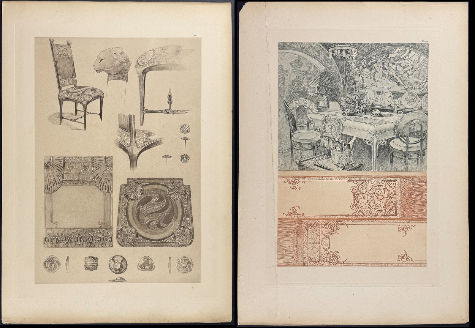 Mucha, Folio - Pair of Lithographs of Home D?cor or Designs: This stunning and rare lithograph is from Alphonse Mucha's Documents d?coratifs. The work was published in Paris by Librairie Centrale des Beaux-Arts in 1902 and edited by Emile Levy. The work was an 
