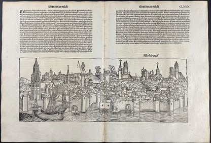 Schedel, pub. 1493 - View of Magdeburg, Germany, Comet, & Religious & Historic People
