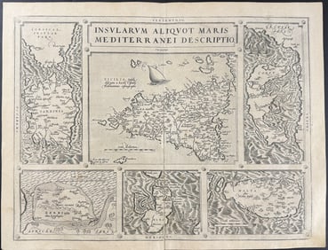Ortelius, pub. 1575 - Maps of Sicily, Cosica, Sardinia, Elba, Malta, Corfu, erbi