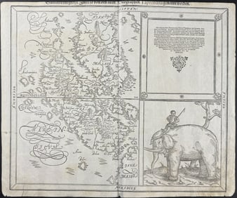 Munster, pub. 1598 - Map of Taprobana, Island in Sumatra, with inset of Elephant