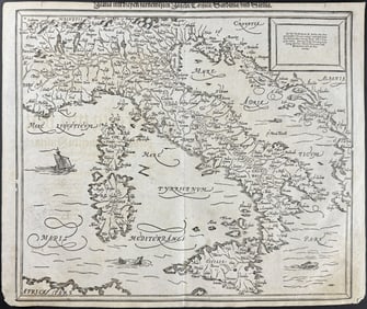 Munster, pub. 1598 - Map of Italy with Sardinia, Sicily, & Corsica
