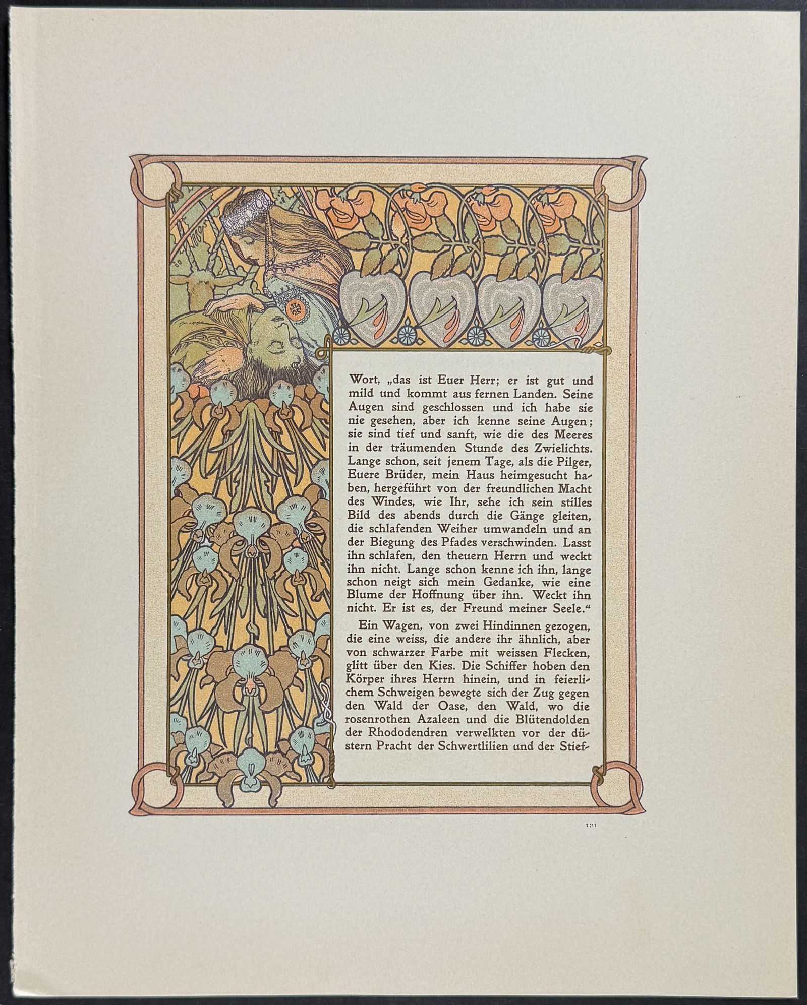 Mucha - Ornately Illustrated Page with Image and Text to each side: This attractive color lithograph is by Alphonse Mucha as part of the work by Robert de Flers entitled Ilsee, Princess of Tripoli or Prinzessin von Tripolis. The work was published in Prague by B. Koci