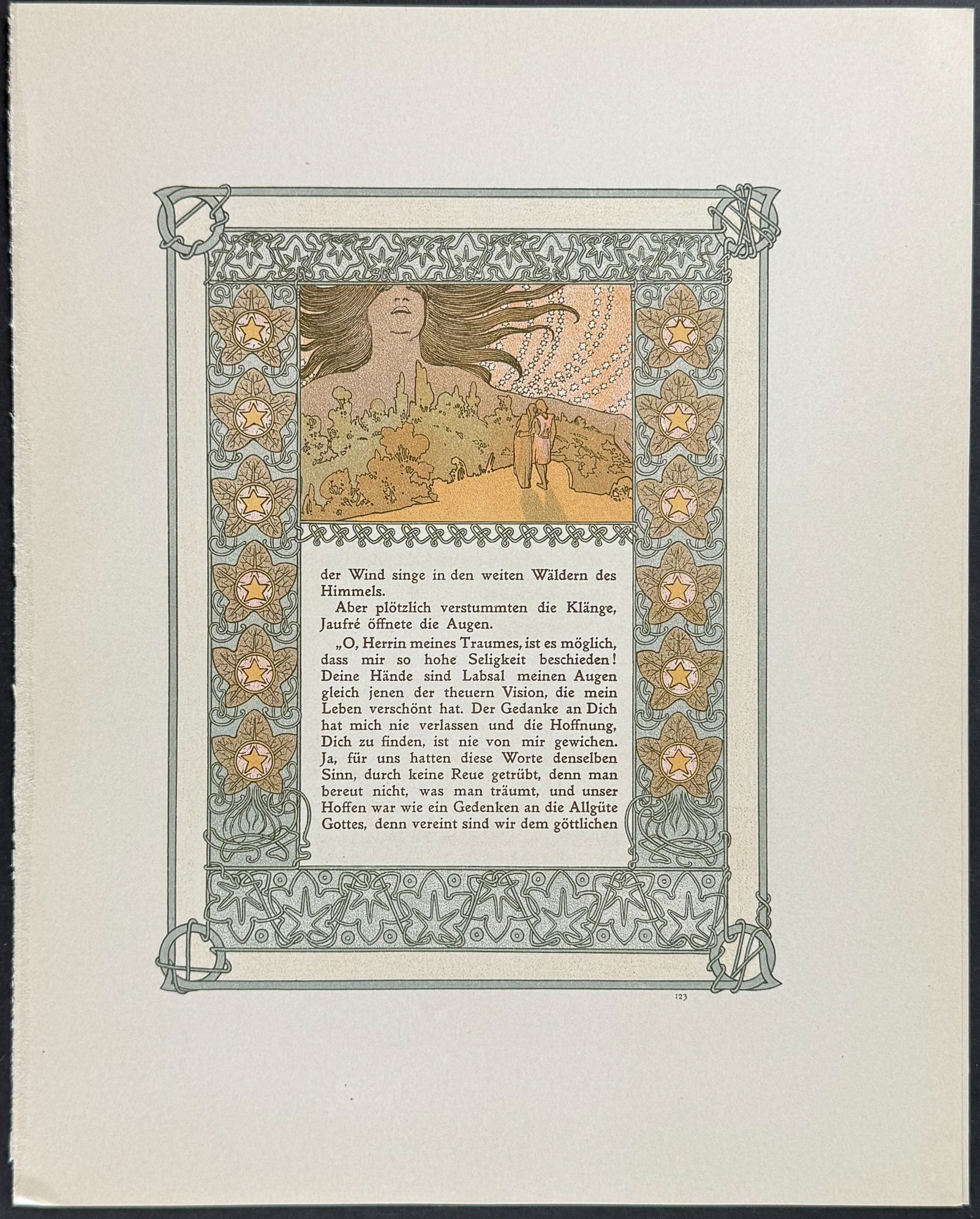 Mucha - Ornately Illustrated Page with Image and Text to each side: This attractive color lithograph is by Alphonse Mucha as part of the work by Robert de Flers entitled Ilsee, Princess of Tripoli or Prinzessin von Tripolis. The work was published in Prague by B. Koci