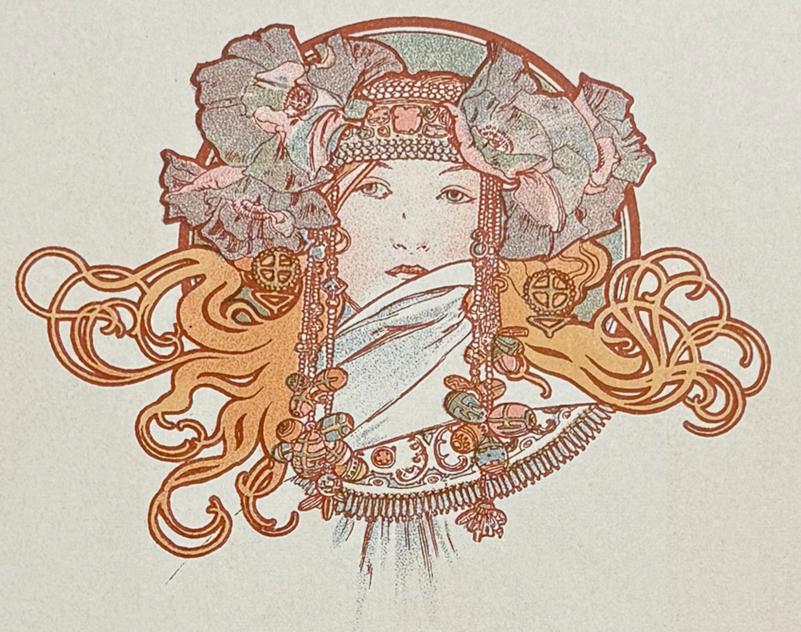 Mucha - Woman's Head with Flowers & Adornments: This attractive color lithograph is by Alphonse Mucha as part of the work by Robert de Flers entitled Ilsee, Princess of Tripoli or Prinzessin von Tripolis. The work was published in Prague by B. Koci