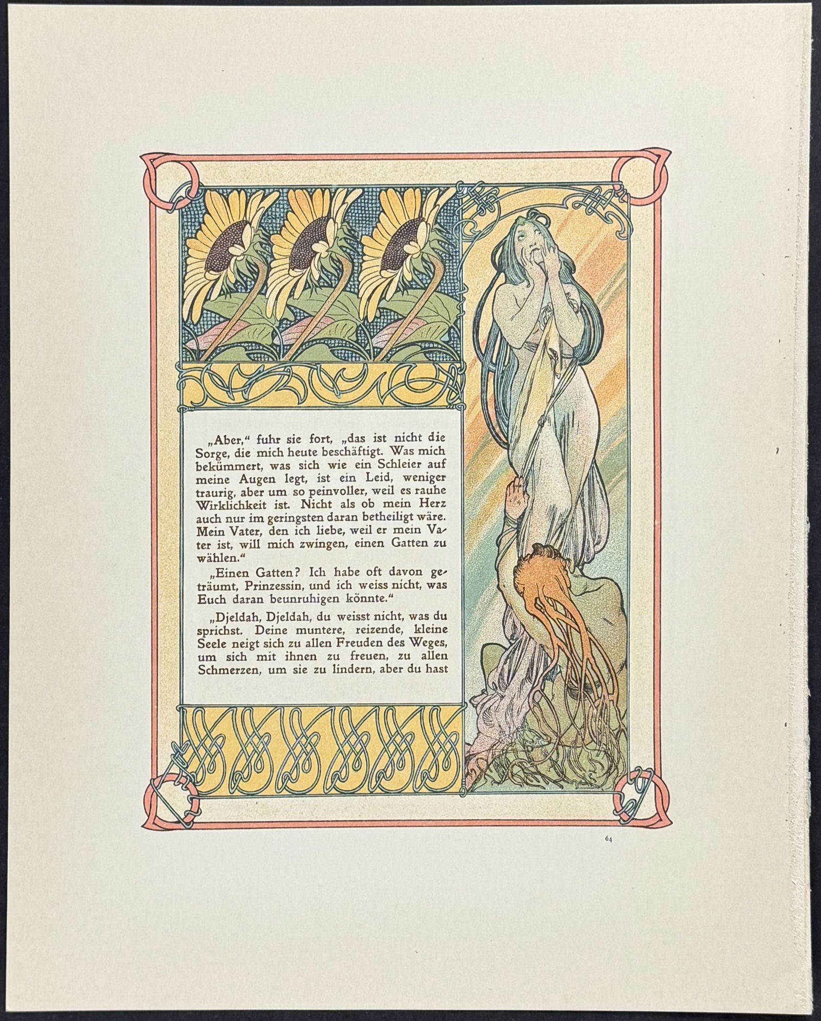 Mucha - Ornately Illustrated Page with Image and Text to each side: This attractive color lithograph is by Alphonse Mucha as part of the work by Robert de Flers entitled Ilsee, Princess of Tripoli or Prinzessin von Tripolis. The work was published in Prague by B. Koci