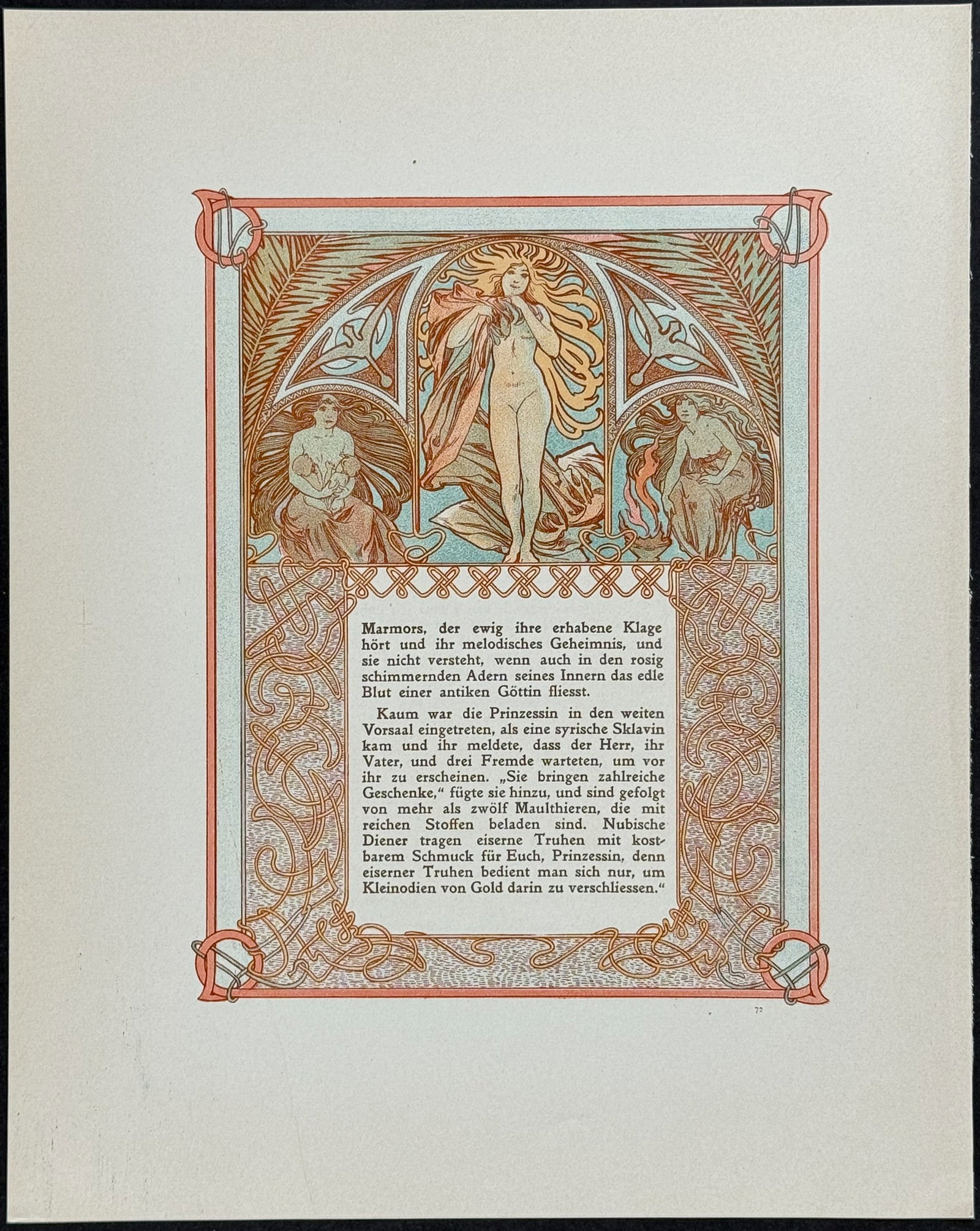 Mucha - Ornately Illustrated Page with Image and Text to each side: This attractive color lithograph is by Alphonse Mucha as part of the work by Robert de Flers entitled Ilsee, Princess of Tripoli or Prinzessin von Tripolis. The work was published in Prague by B. Koci