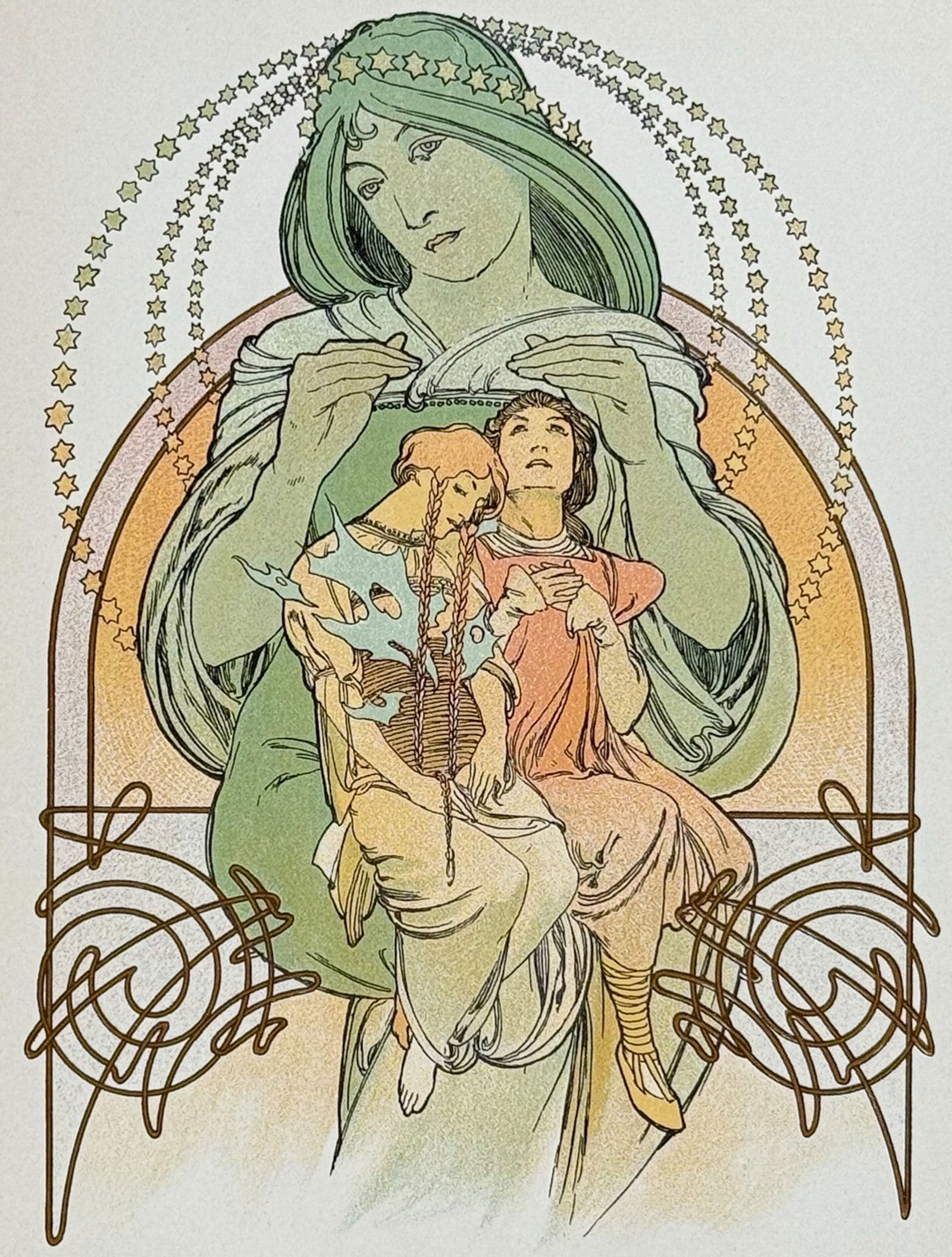 Mucha - Illustration of Woman: This attractive color lithograph is by Alphonse Mucha as part of the work by Robert de Flers entitled Ilsee, Princess of Tripoli or Prinzessin von Tripolis. The work was published in Prague by B. Koci