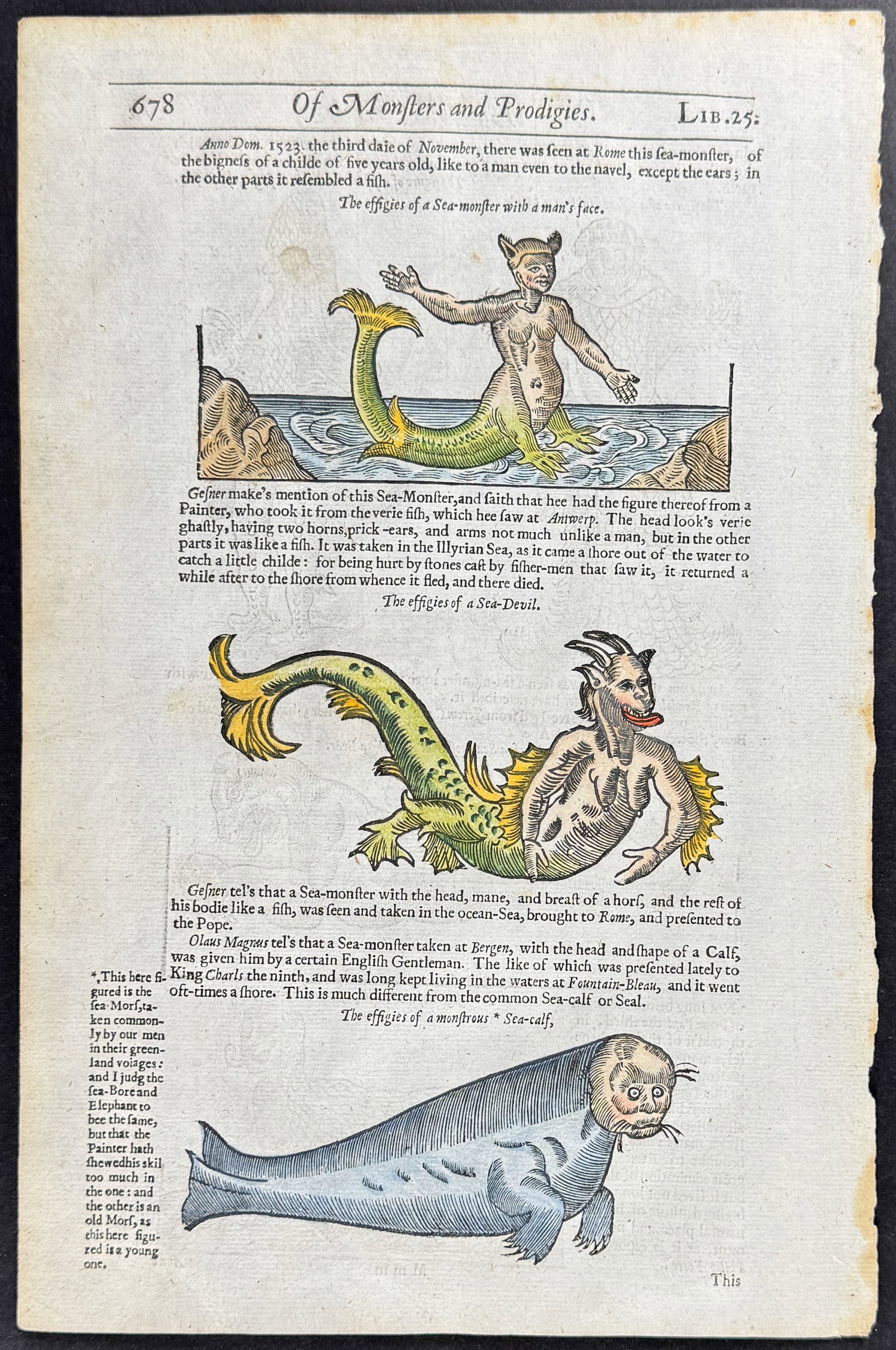 Pare, pub. 1664 - Merman (Mermaid) & Sea Monsters: This historic engraving is from Ambroise Pare's Les OEuvres... This is from the twelfth edition, revised and corrected, and was published in Lyon by Pierre Riguad et Antoine Jullieron in 1664. The edi