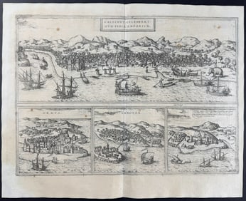 Braun & Hogenberg, pub. 1575 - Views of Trading Route from Africa to India: Calecut, Ormuz, Canonor,