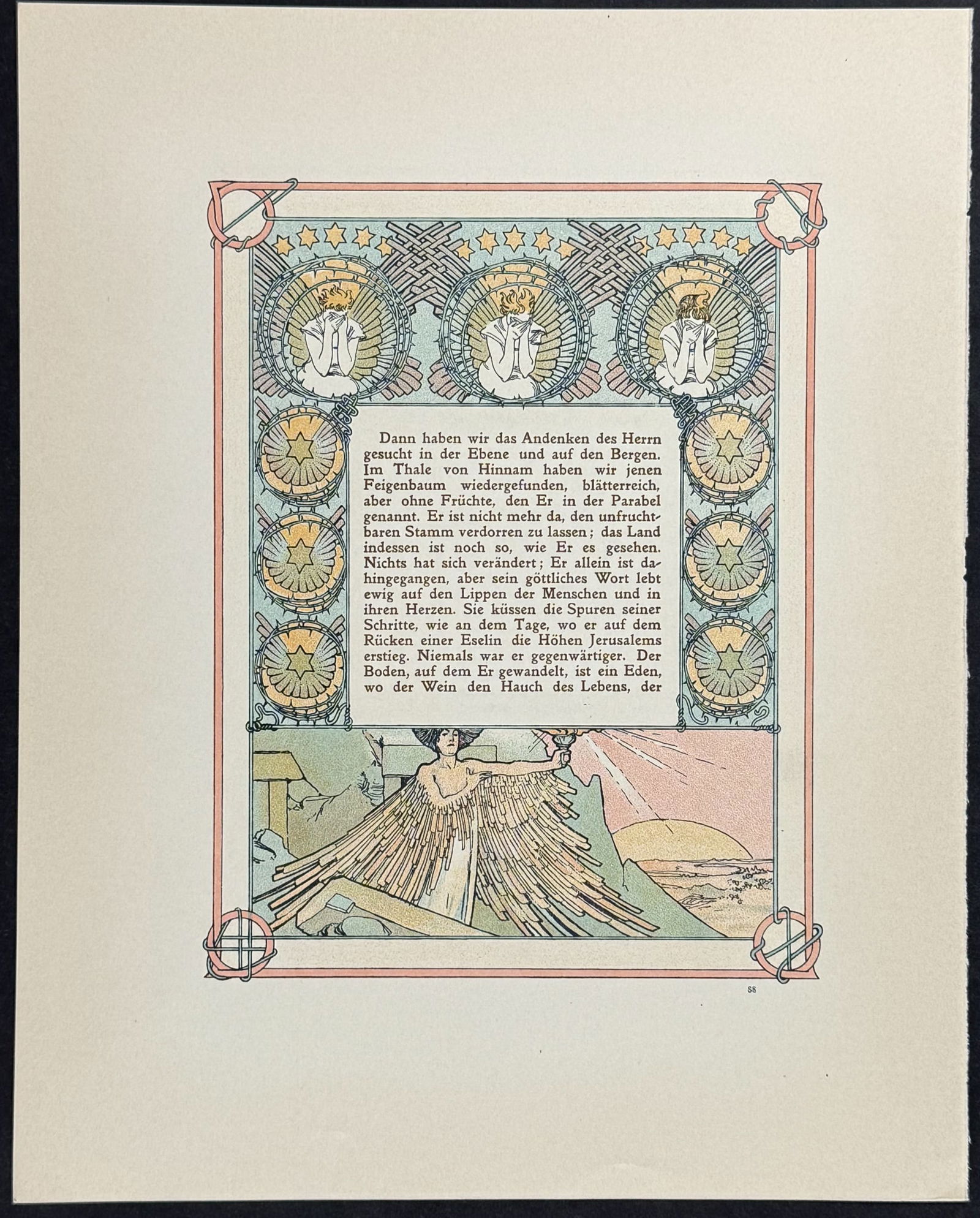 Mucha - Ornately Illustrated Page with Image and Text to each side: This attractive color lithograph is by Alphonse Mucha as part of the work by Robert de Flers entitled Ilsee, Princess of Tripoli or Prinzessin von Tripolis. The work was published in Prague by B. Koci