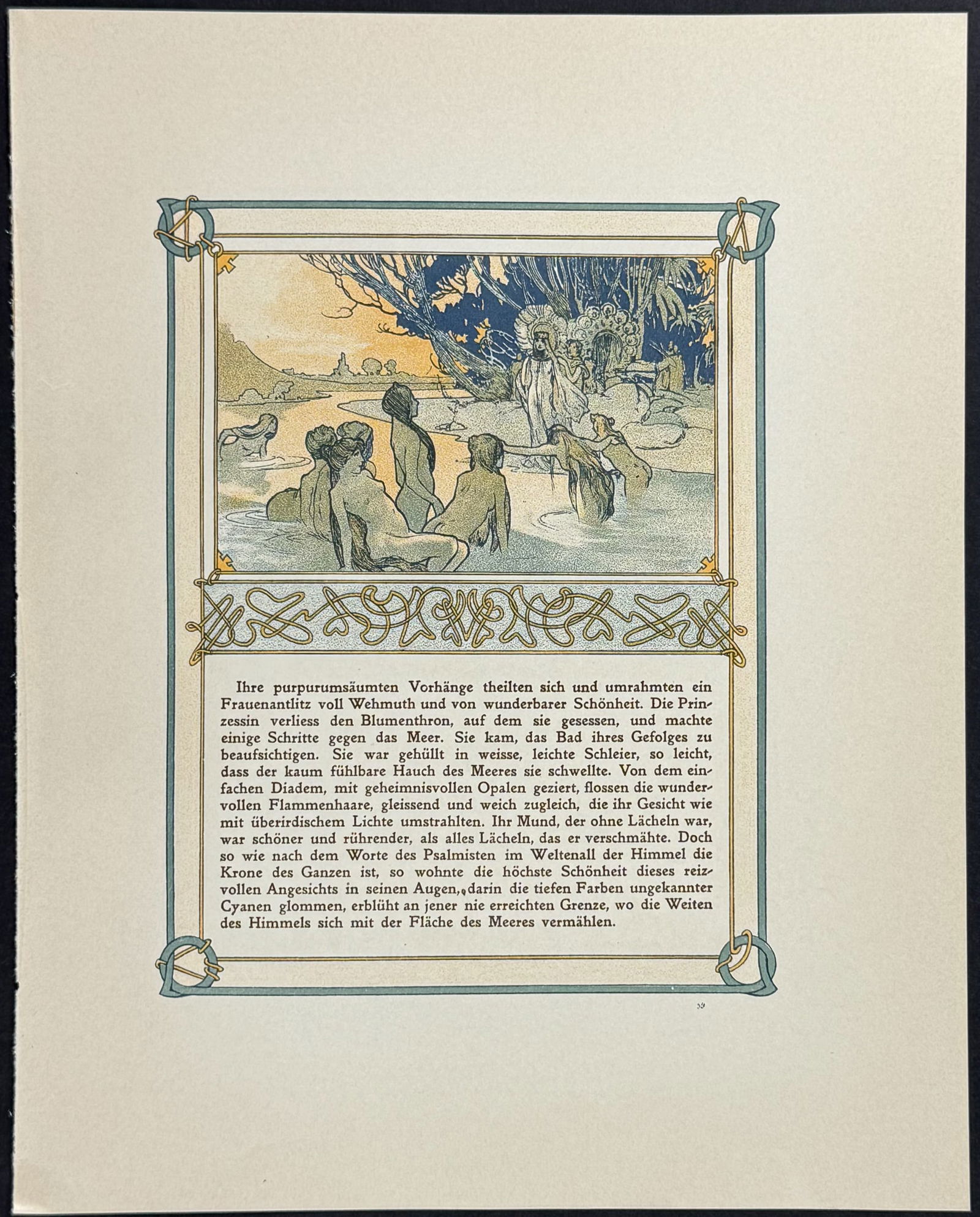 Mucha - Ornately Illustrated Page with Image and Text to each side: This attractive color lithograph is by Alphonse Mucha as part of the work by Robert de Flers entitled Ilsee, Princess of Tripoli or Prinzessin von Tripolis. The work was published in Prague by B. Koci