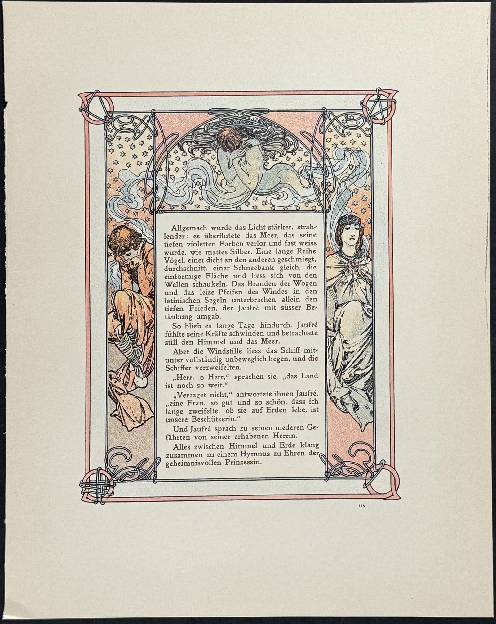 Mucha - Ornately Illustrated Page with Image and Text to each side: This attractive color lithograph is by Alphonse Mucha as part of the work by Robert de Flers entitled Ilsee, Princess of Tripoli or Prinzessin von Tripolis. The work was published in Prague by B. Koci