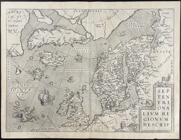 Ortelius, pub. 1575 - Map of the North Sea with part of America, Greenland, Iceland, British Isles,