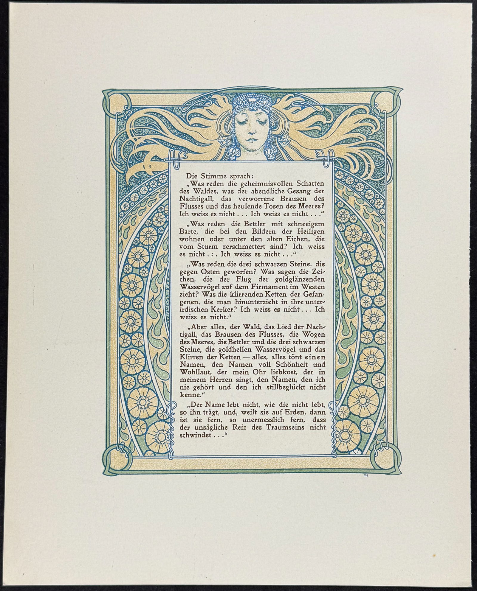 Mucha - Ornately Illustrated Page with Image and Text to each side: This attractive color lithograph is by Alphonse Mucha as part of the work by Robert de Flers entitled Ilsee, Princess of Tripoli or Prinzessin von Tripolis. The work was published in Prague by B. Koci