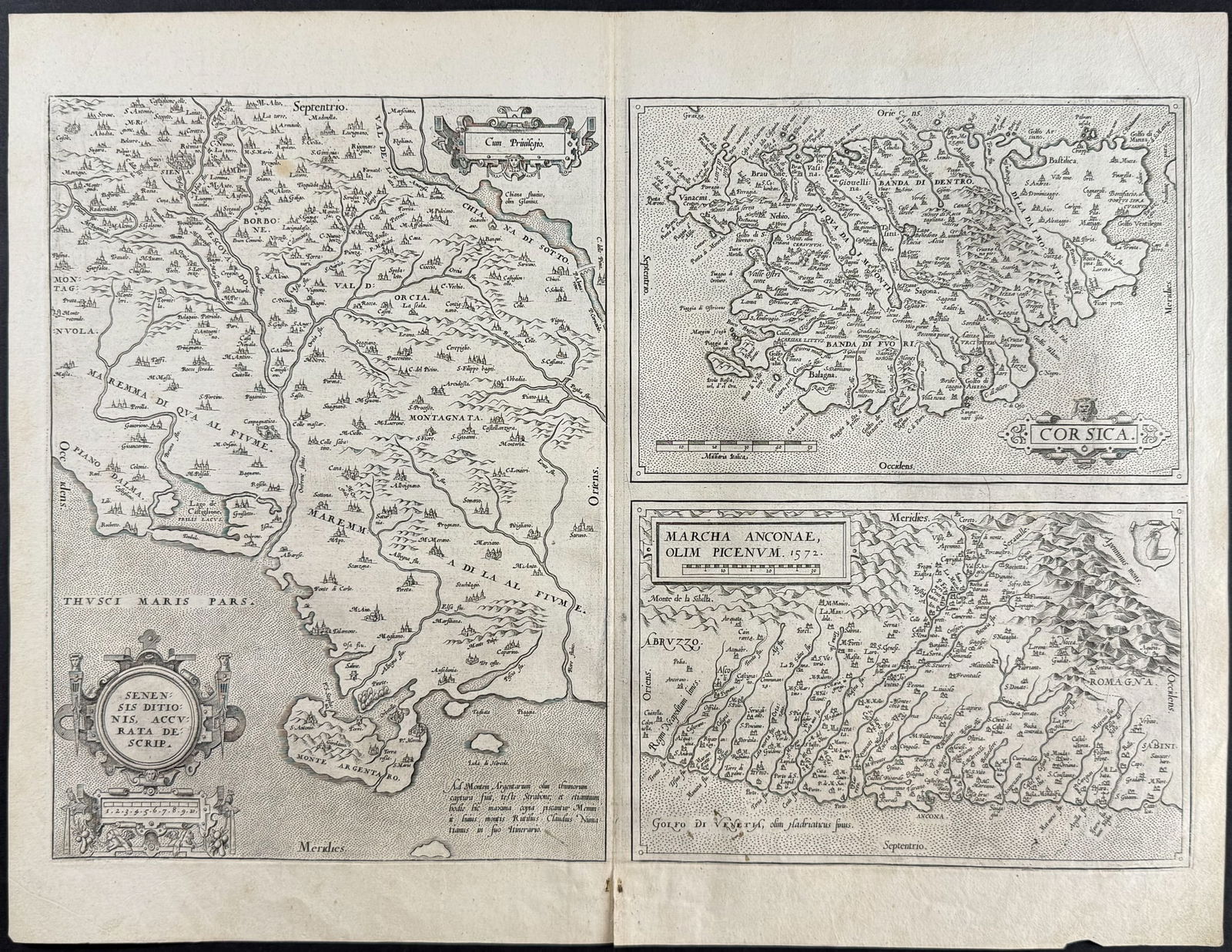 Ortelius, pub. 1575 - Map of Ancona, Tuscany, Sienna, Corsica