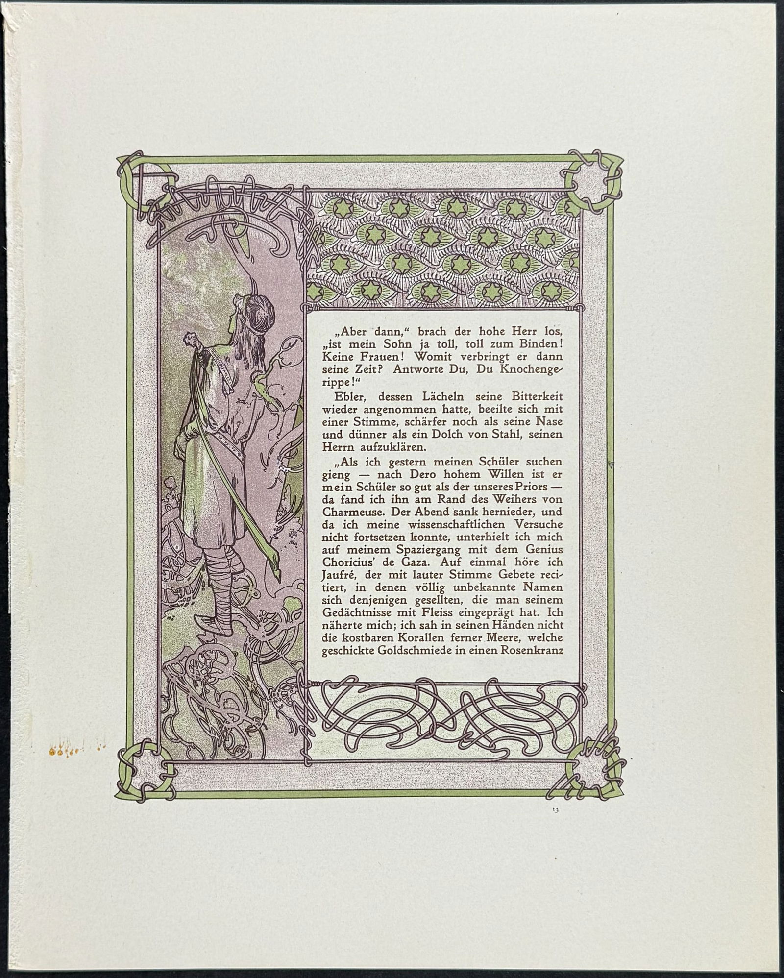Mucha - Ornately Illustrated Page with Image and Text to each side: This attractive color lithograph is by Alphonse Mucha as part of the work by Robert de Flers entitled Ilsee, Princess of Tripoli or Prinzessin von Tripolis. The work was published in Prague by B. Koci